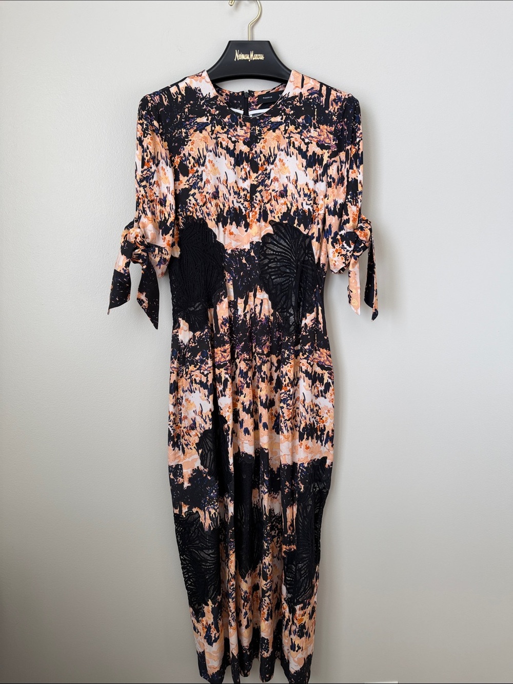 Proenza Schouler Peach, Cream & Black Abstract Tie-Sleeve Midi Dress